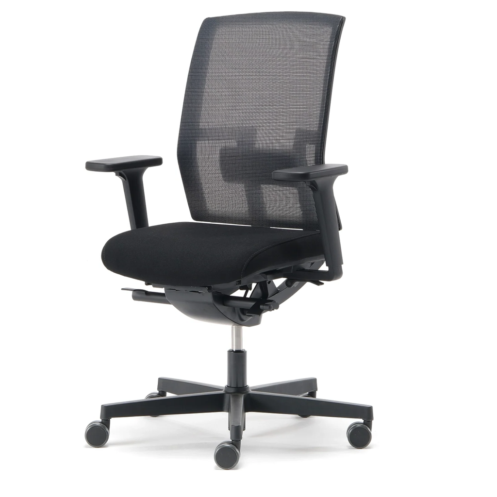 m2 task chair, fabric black, mesh back, black plastic, polyamide base on castors